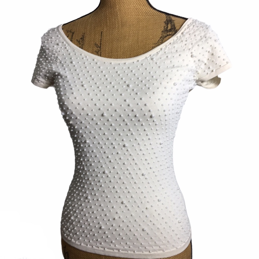 Michael Kors Silk w/Pearls Ivory Knit Formal Office Short Sleeves Blouse Top S